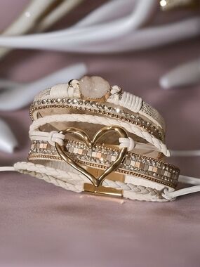 Gold Heart White Multi-Strand Bracelet With Magnetic Clasp